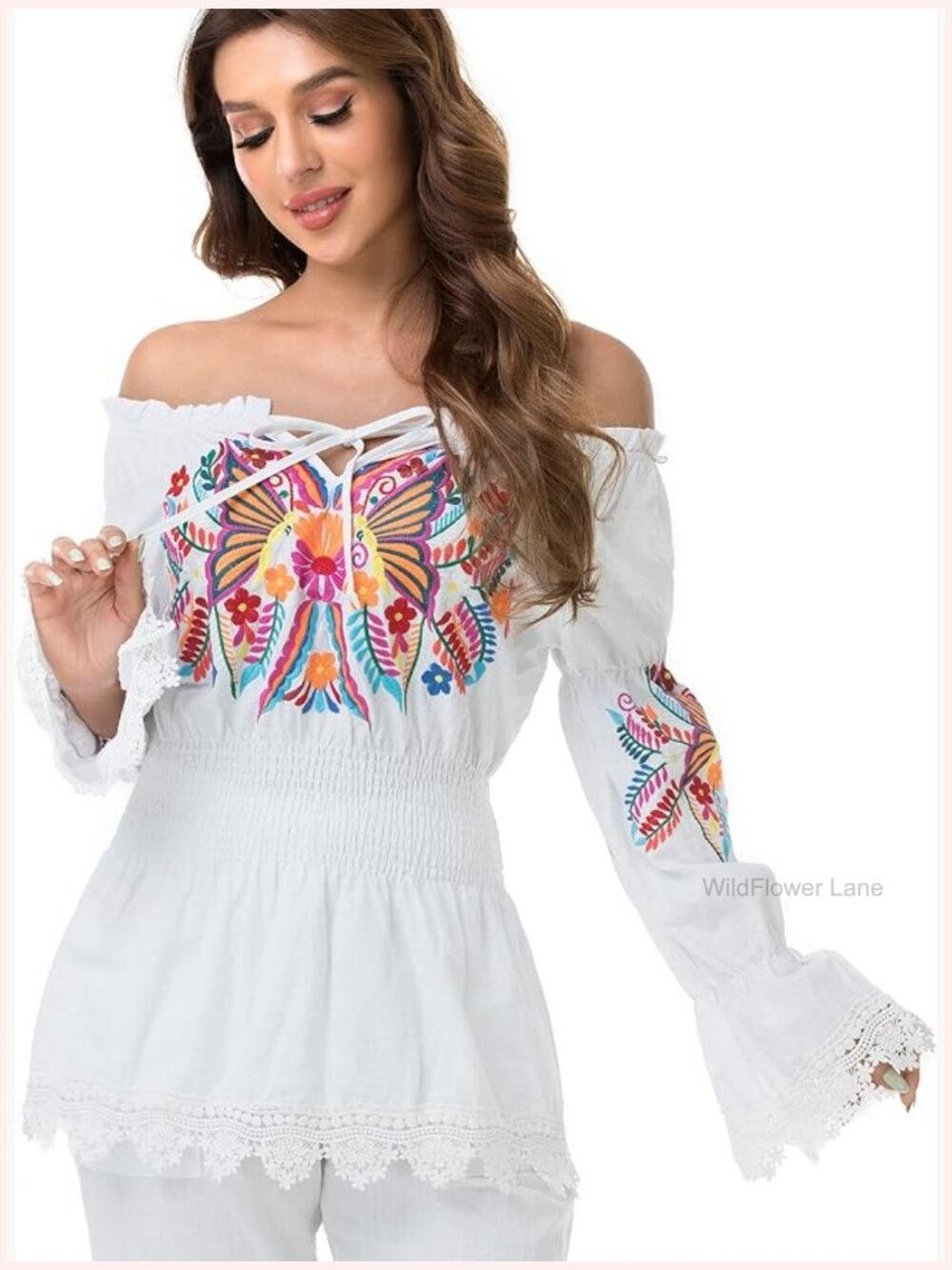 Boho Embroidered Blouse Ruffle V-Neck Long Sleeve Elastic Waist Top